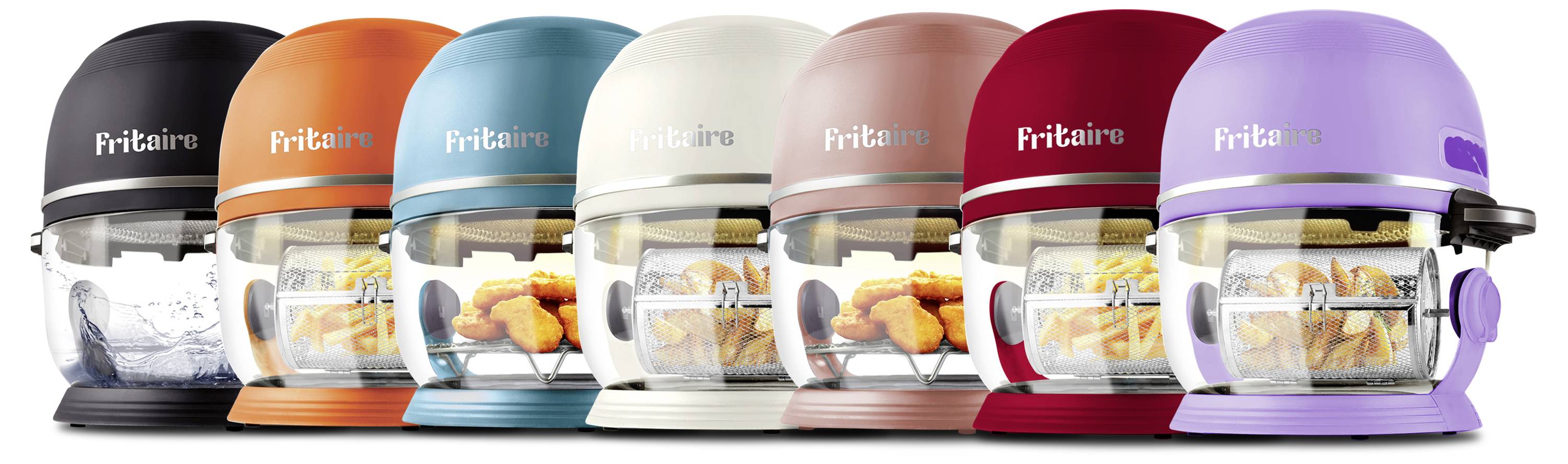 Eine Reihe von sechs Heißluftfritteusen in Schwarz, Orange, Petrol, Weiß, Rot und Lila, wobei jede einen Korb mit kochendem Essen zeigt.