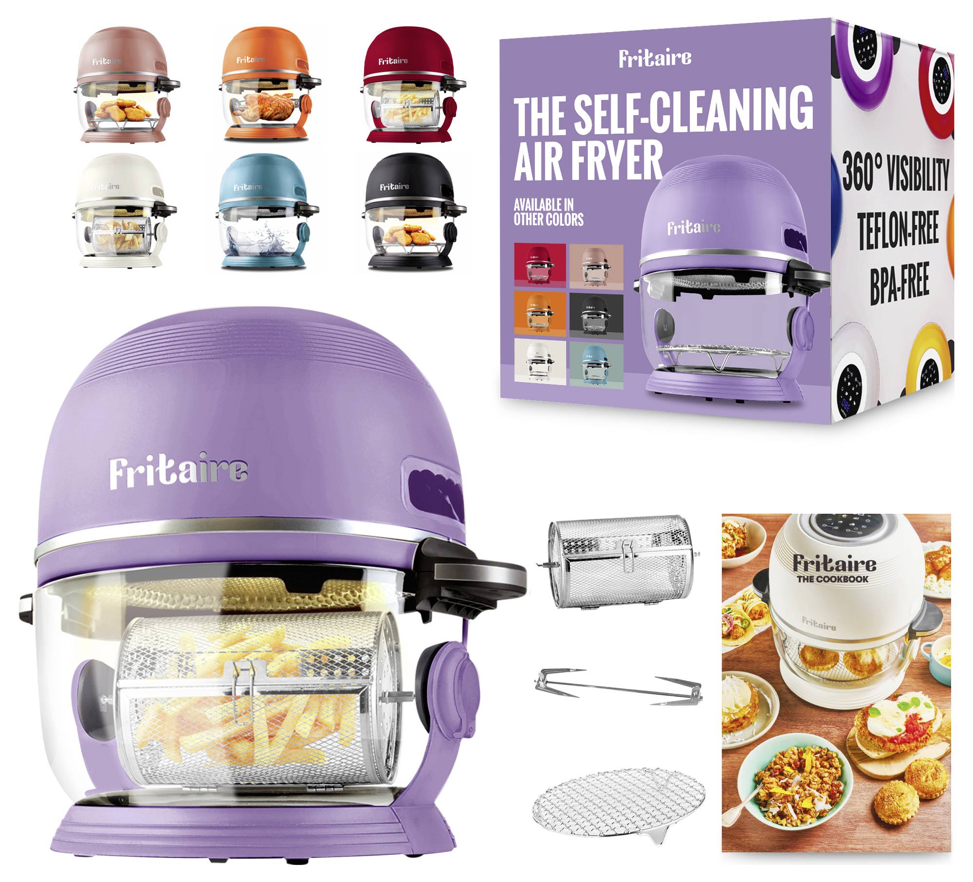 'Fritaire' selbstreinigender Heißluftfritteuse in Lila. Zu den Eigenschaften gehören BPA-frei, 360° Sichtbarkeit und Verfügbarkeit in verschiedenen Farben. Zubehör wird gezeigt.
