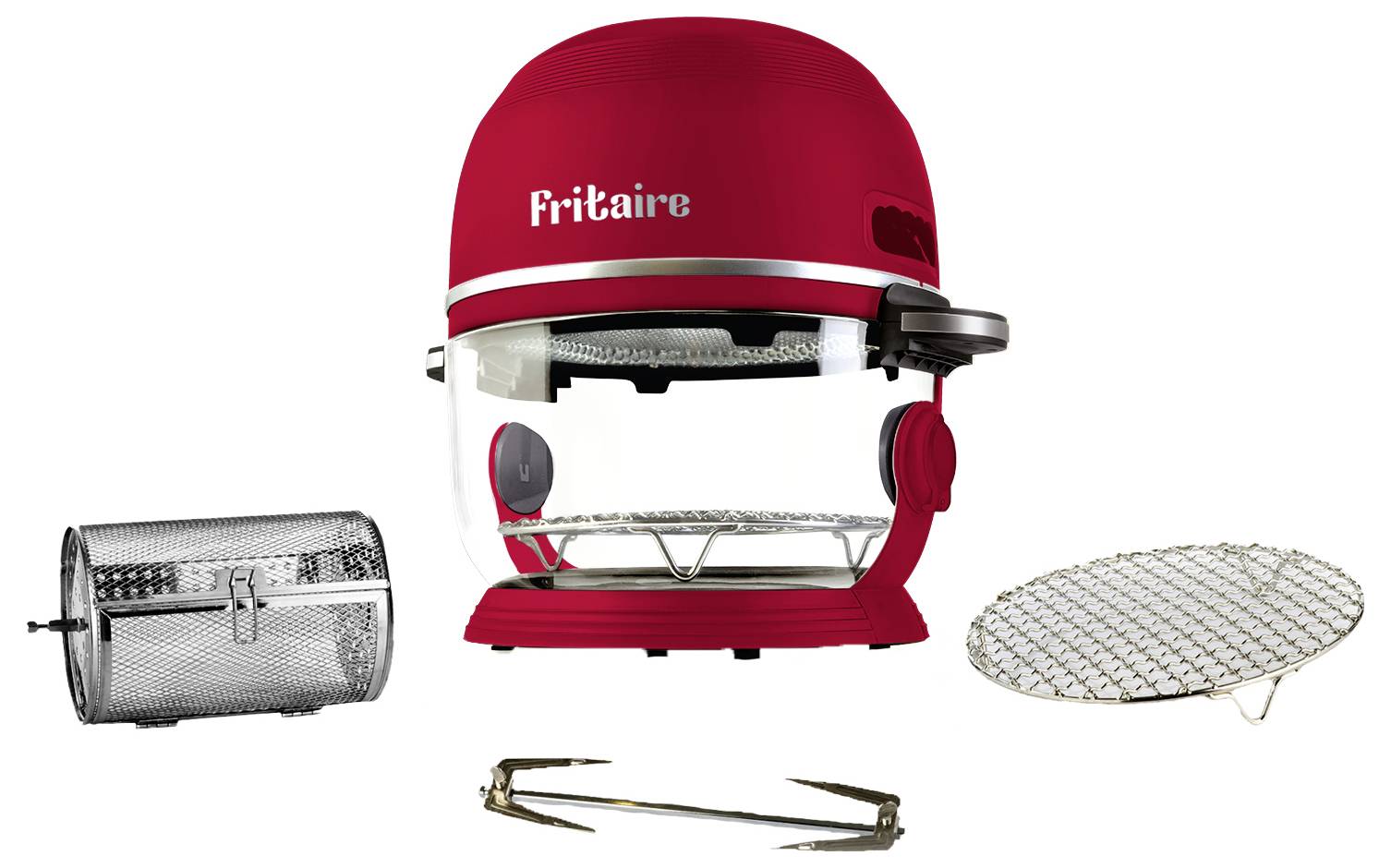 Roter 'Fritaire' Heißluftfritteur mit Zubehör, bestehend aus einem Drahtgitterkorb, einem Grillrost und Metalltangen.