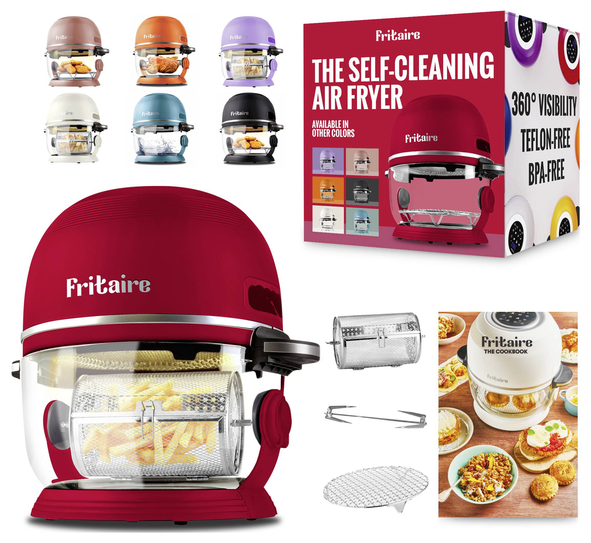 Roter Fritaire Selbstreinigender Heißluftfritteuse mit Pommes im Inneren, ausgestattet mit 360° Sichtbarkeit, ohne Teflon, ohne BPA. In verschiedenen Farben erhältlich. Inklusive Zubehörbildern und Kochbuch.