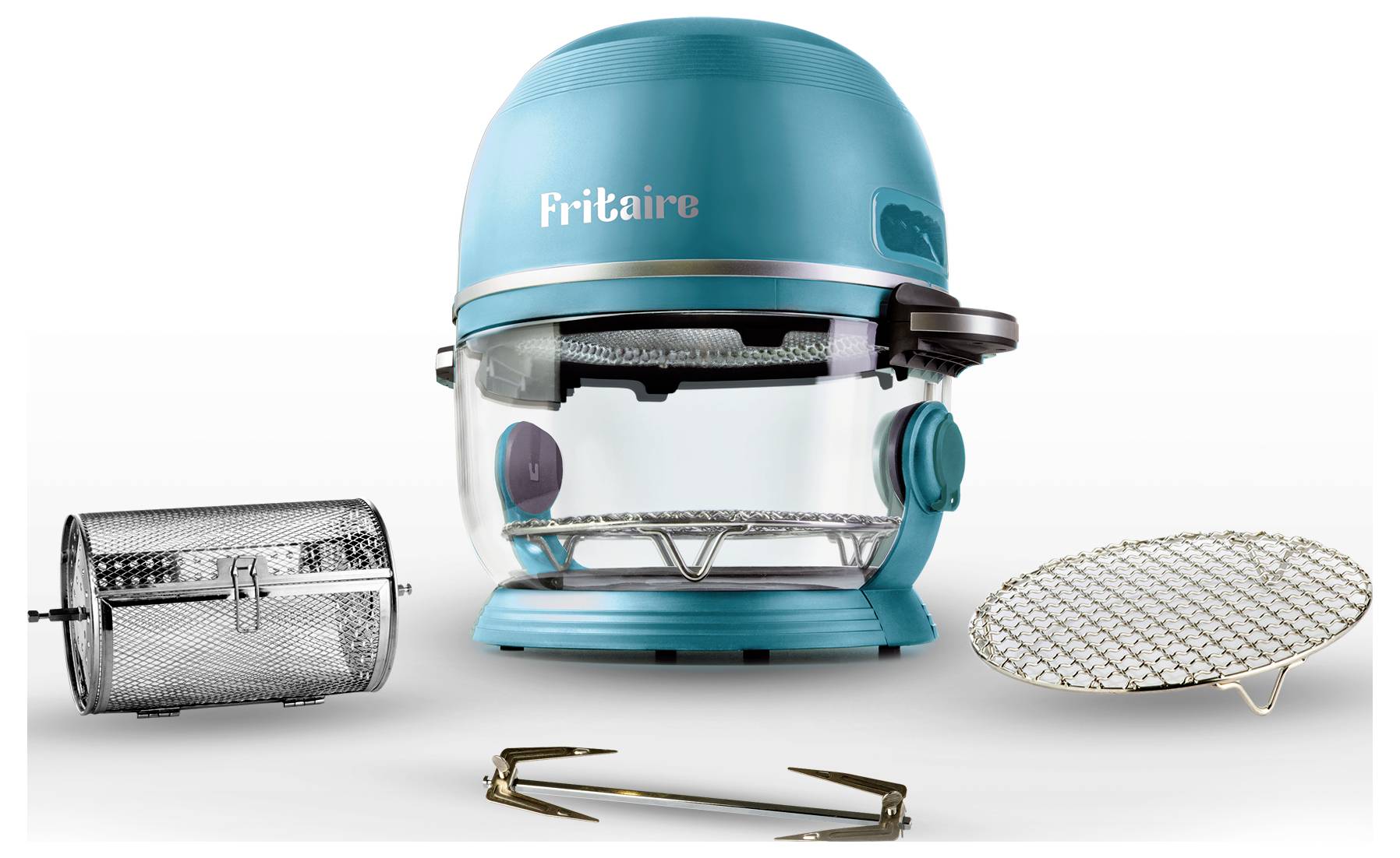 Türkisfarbene Arbeitsplatten-Heißluftfritteuse mit Glasschüssel, Metallkorb, Drahtrost und Grillzange, die nebeneinander für vielseitige Kochmöglichkeiten präsentiert werden.