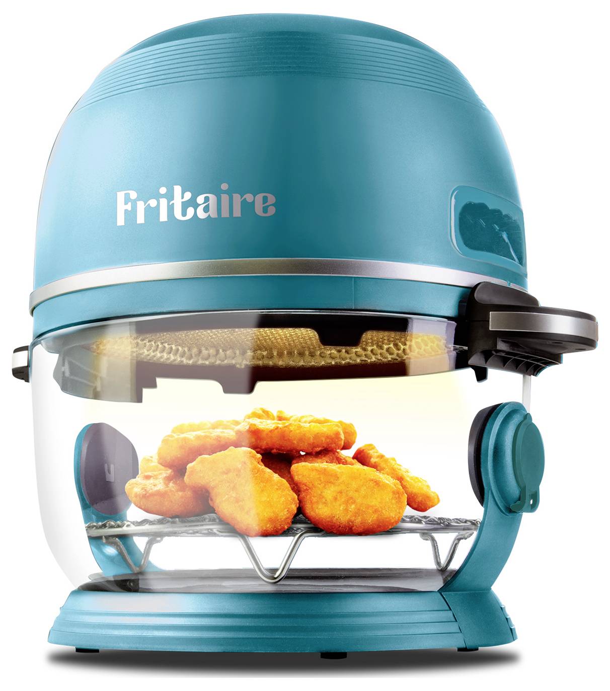 Ein blauer Fritaire Heißluftfritteuse mit einem transparenten Abschnitt, der Chicken Nuggets im Inneren zeigt, auf einem Drahtgestell ruhend.