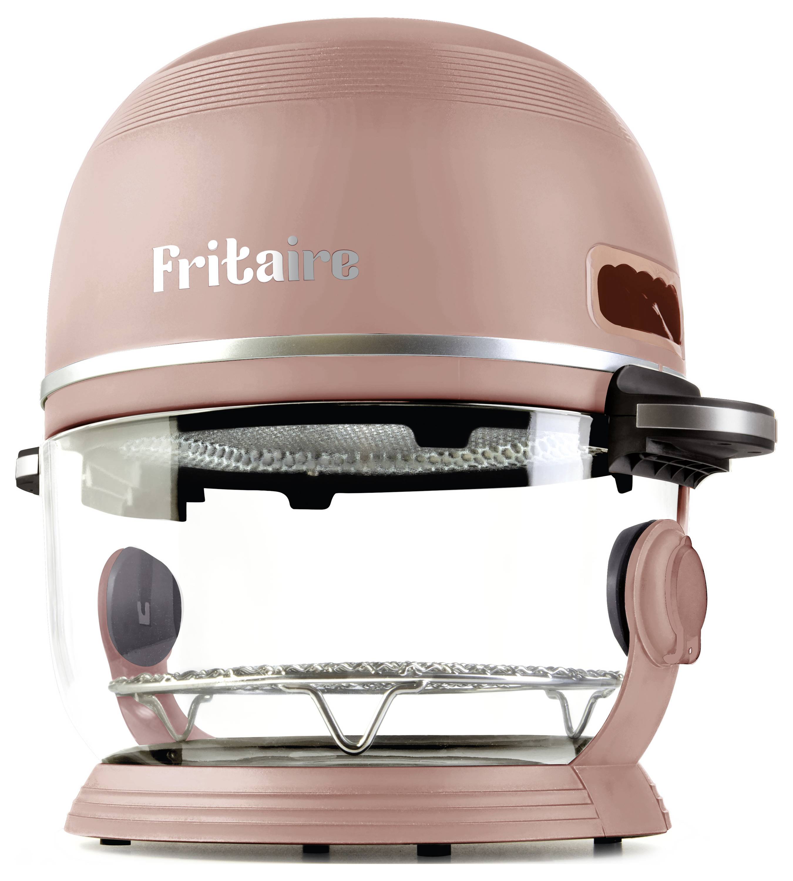 Rosa Heißluftfritteuse mit einem transparenten unteren Abschnitt, auf dem Deckel mit 'Fritaire' beschriftet.