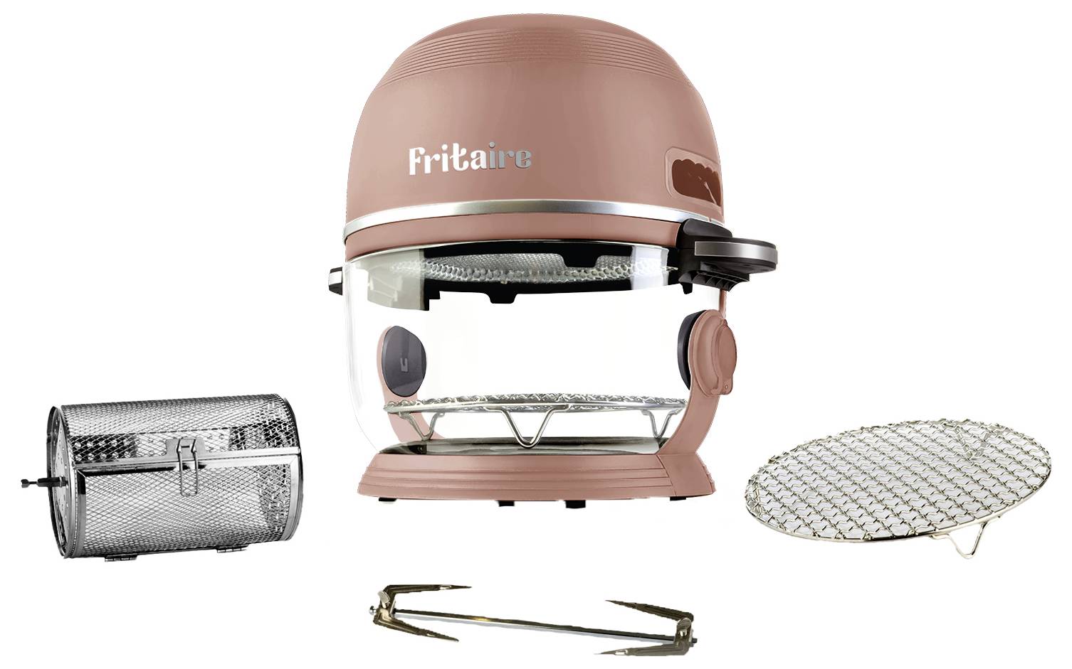 Ein rosa 'Fritaire' Heißluftfritteuse mit transparentem Gehäuse und silbernem Deckel, präsentiert mit seinem rotierenden Korb, Gitterablage und Hebebedienungswerkzeug.