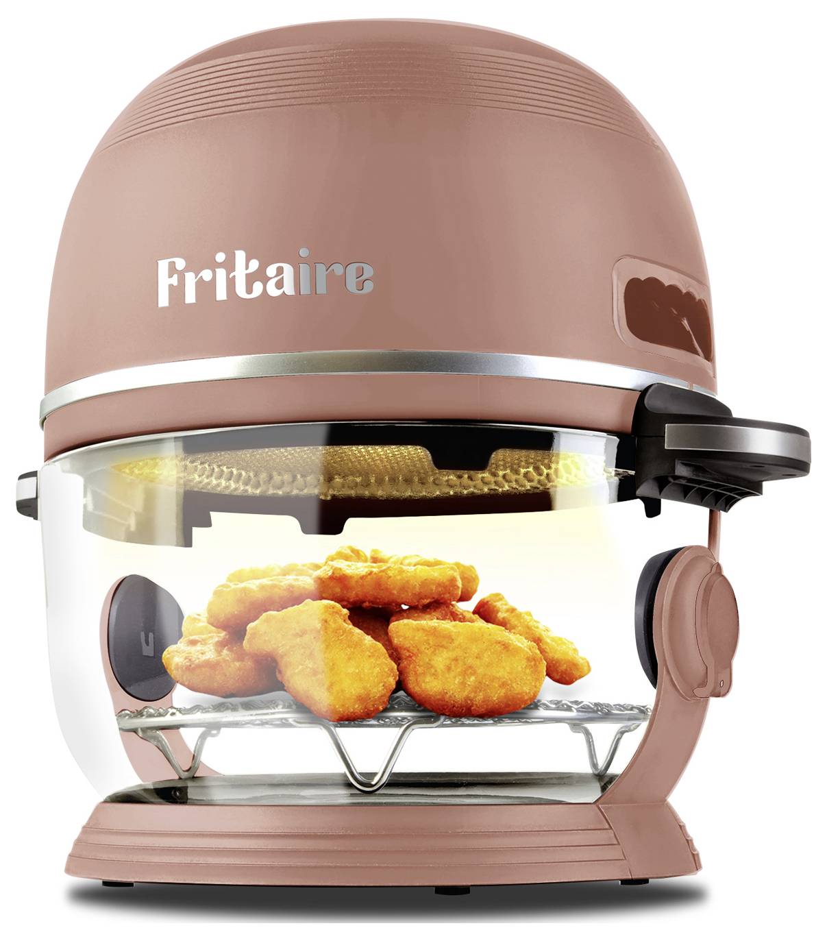 Ein stilvoller Heißluftfritteuse mit einem transparenten Fenster, das Hühnernuggets zeigt, die im Inneren gegart werden. Das Gerät ist oben mit der Marke 'Fritaire' beschriftet.