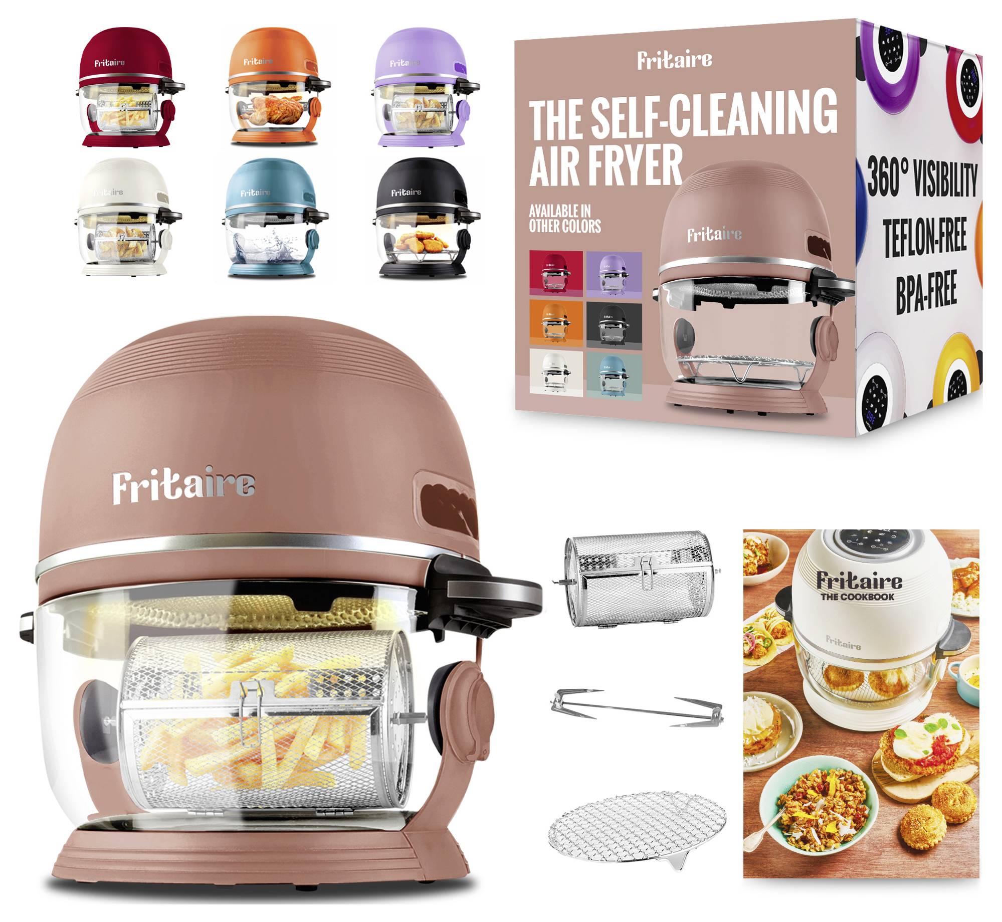 Selbstreinigender Heißluftfritteur in Braun mit Pommes im Inneren. Box hebt Merkmale hervor: 360° Sichtbarkeit, teflonfrei, BPA-frei. In mehreren Farben erhältlich.