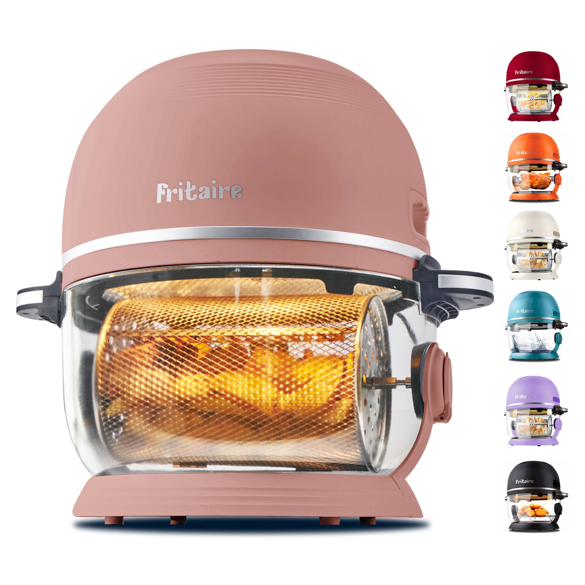 Ein rosa Heißluftfritteuse mit einem durchsichtigen Abschnitt, in dem Speisen gekocht werden, mit sechs kleineren Kochgeräten in verschiedenen Farben rechts daneben.