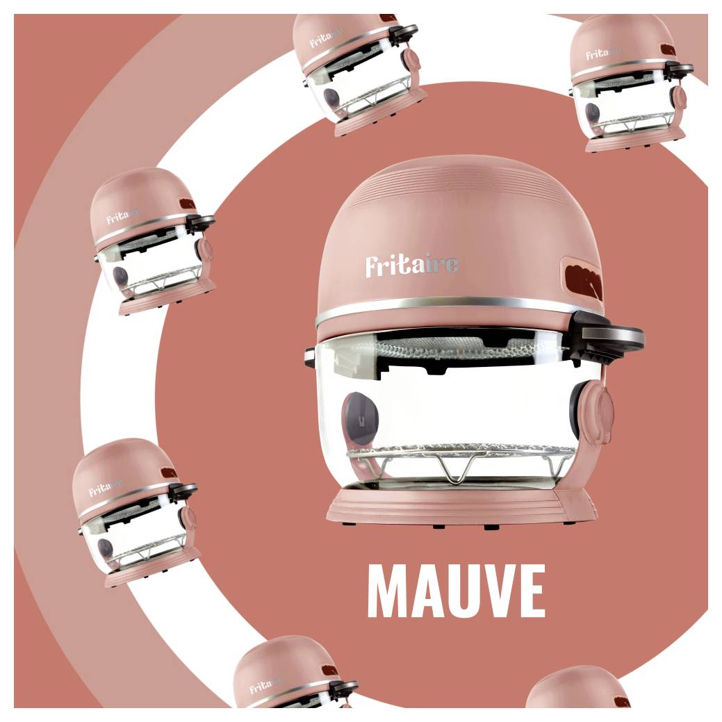 Ein rosa Heißluftfritteuse der Marke 'Fritaire' wird prominent vor einem roten und weißen abstrakten Hintergrund mit mehreren kleineren Heißluftfritteusen präsentiert. Das Wort 'Mauve' wird darunter angezeigt.