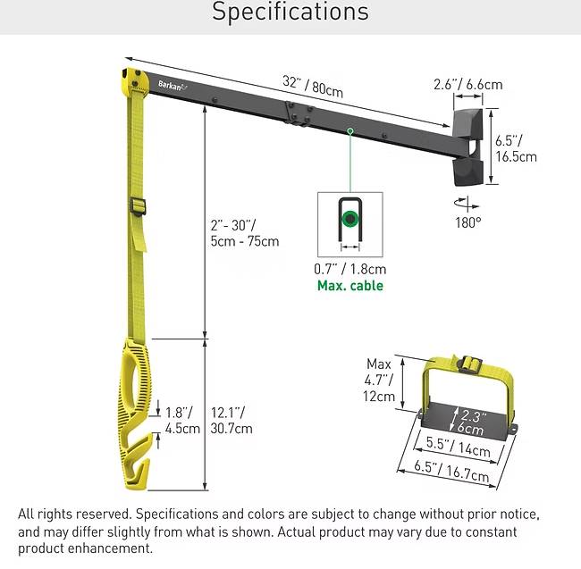 Spezifikationsdiagramm für eine Barkans-Halterung, das die Armlänge (32 Zoll) und Abmessungen zeigt, mit einem gelben Gurt und Details der Grundhalterung.