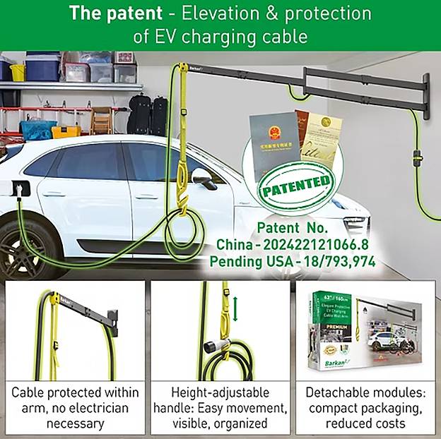 Erhöhtes EV-Ladekabelsystem in Gebrauch dargestellt; enthält Patentinformationen, verstellbare Höhe und kompakte Verpackung.