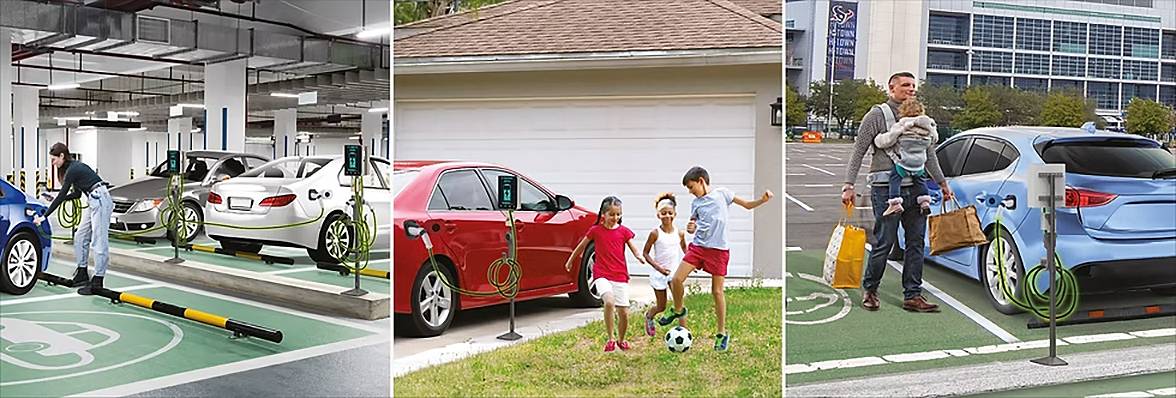 Drei Bilder, die Autos an Ladestationen für Elektrofahrzeuge in verschiedenen Umgebungen zeigen: Parkhaus, Hauseinfahrt und Parkplatz im Freien. Menschen interagieren mit den Ladegeräten.