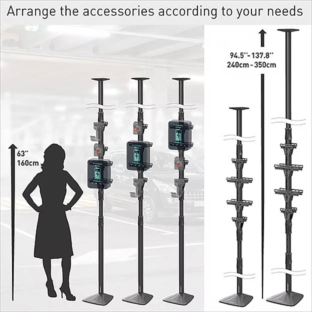 Verstellbare Autowaschständer mit variabler Höhe (63' bis 137,8'). Silhouette einer Person zum Größenvergleich. Text lautet: „Arrangieren Sie die Zubehörteile nach Ihren Bedürfnissen