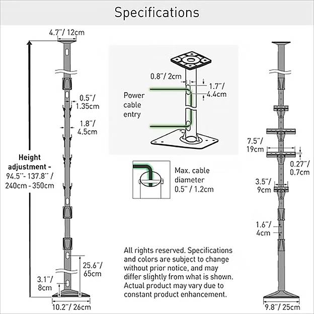 Spezifikationsdiagramm mit einer vertikalen Einstellstange und Maßangaben: 94,5