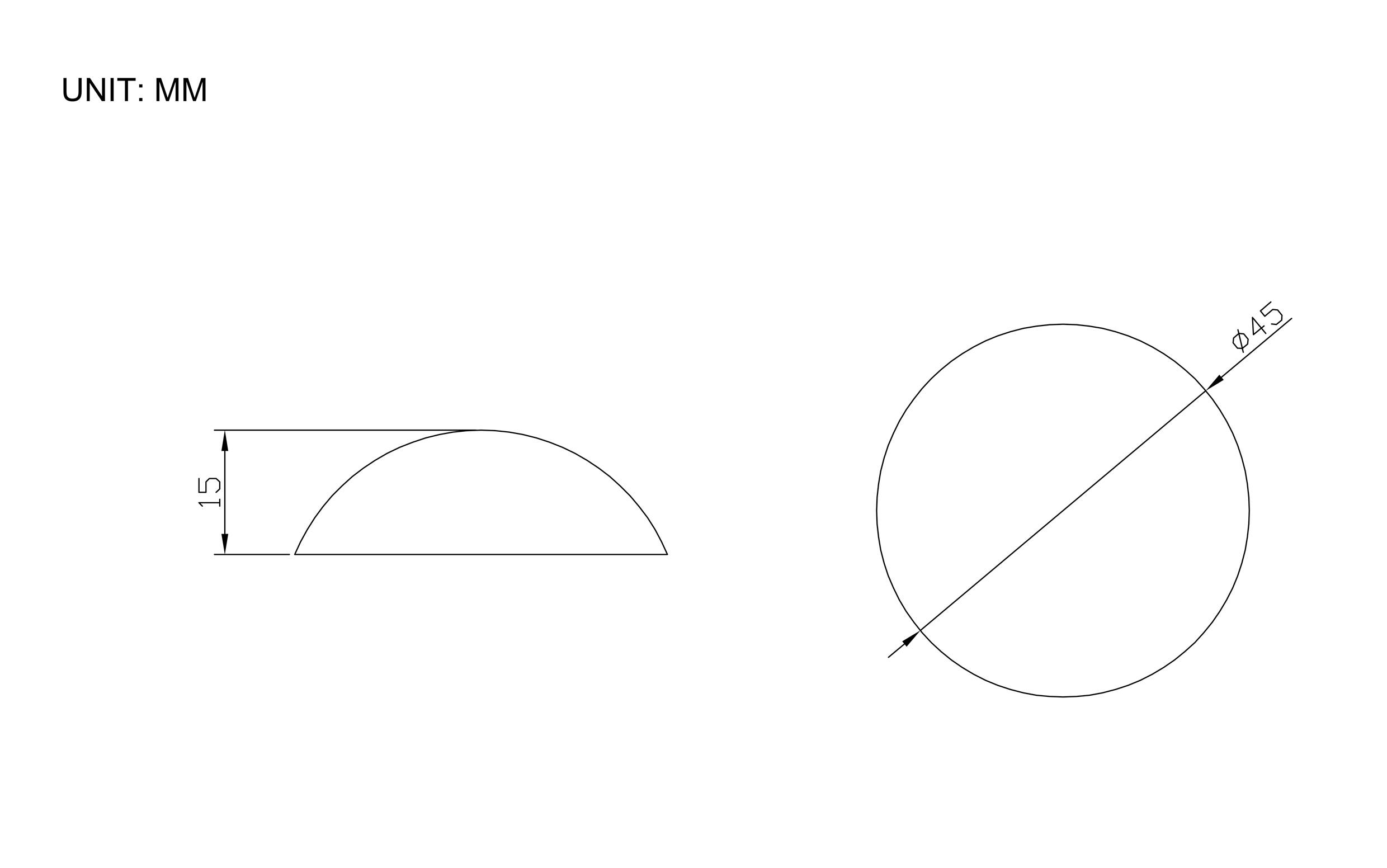 Eine technische Zeichnung zeigt eine halbkreisförmige Gestalt mit einem Durchmesser von 45 mm und einer Höhe von 15 mm sowie einen vollständigen Kreis.