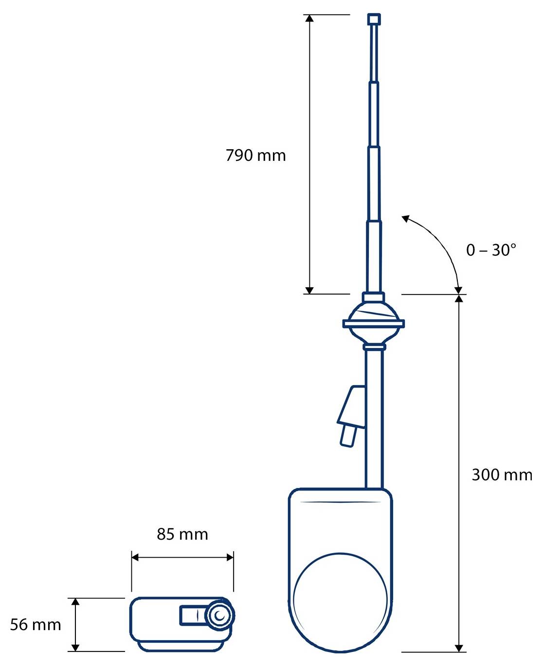 Diagramm eines Mikrofons mit Maßangaben: Höhe 790 mm, einstellbarer Winkel 0-30°, Sockel 56 mm hoch und 85 mm breit, Ständer 300 mm hoch.