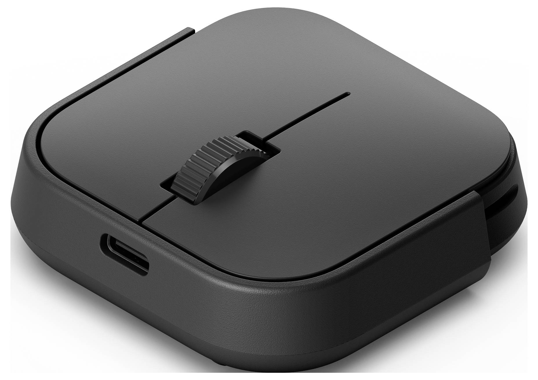 Eine schlanke, schwarze quadratische kabellose Maus mit Scrollrad und USB-C-Ladeanschluss, entwickelt für kompakten und mobilen Einsatz.