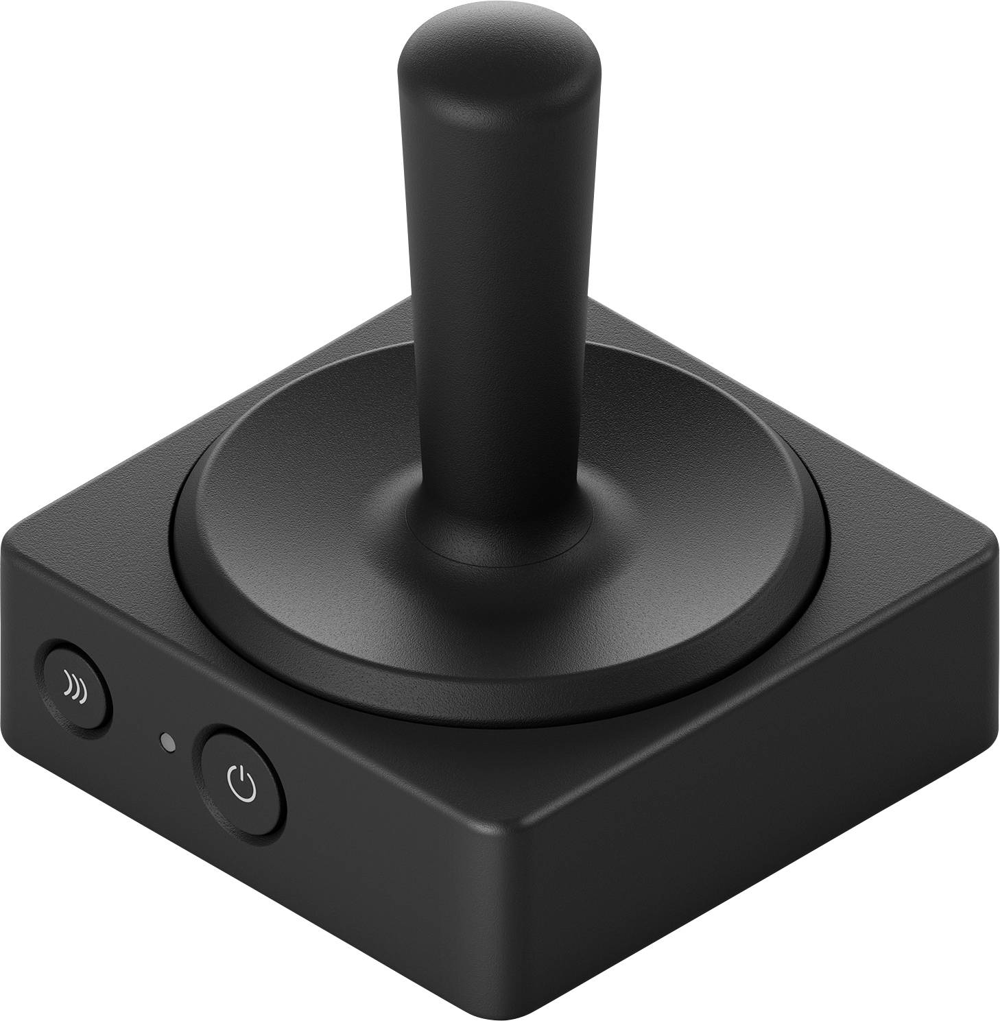 Ein schwarzer Joystick mit zwei Tasten auf einer quadratischen Basis, ausgestattet mit einem Netzsymbol und einem Wellenicon, was wahrscheinlich auf eine drahtlose Funktionalität hindeutet.