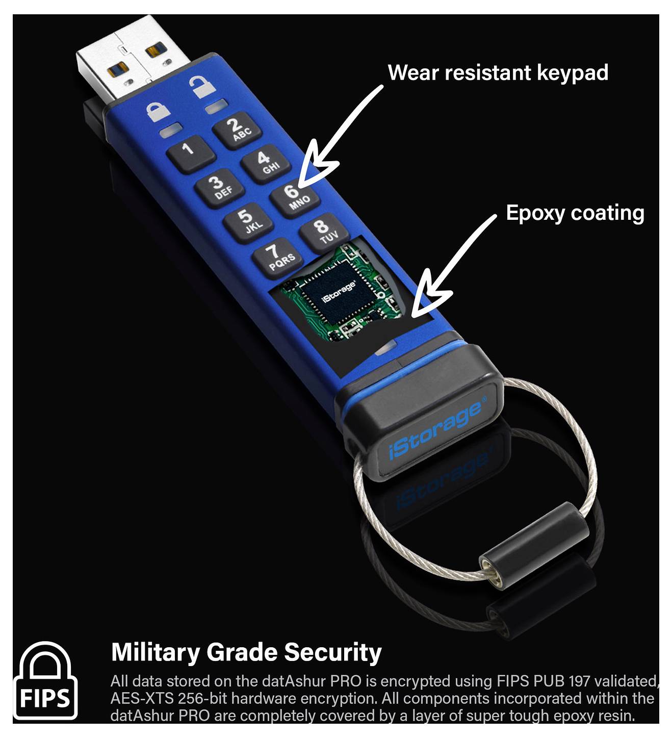 IStorage datAshur Pro USB-Stick 128GB Blau IS-FL-DA3-256-128