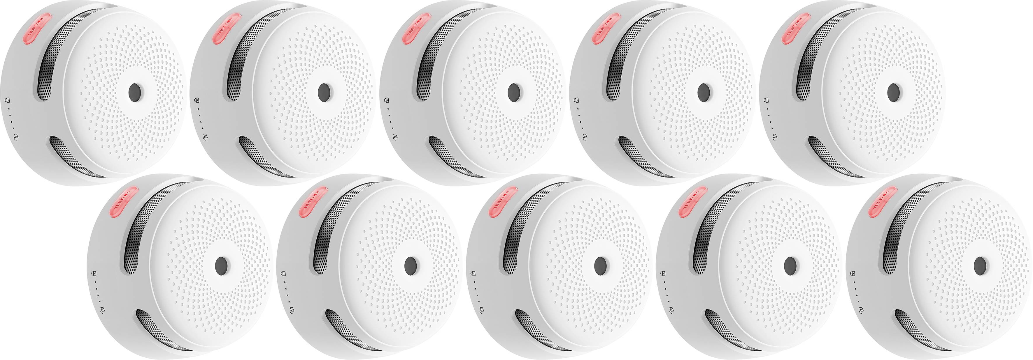 Zehn weiße Rauchmelder mit rotem Testknopf, in zwei Reihen angeordnet.