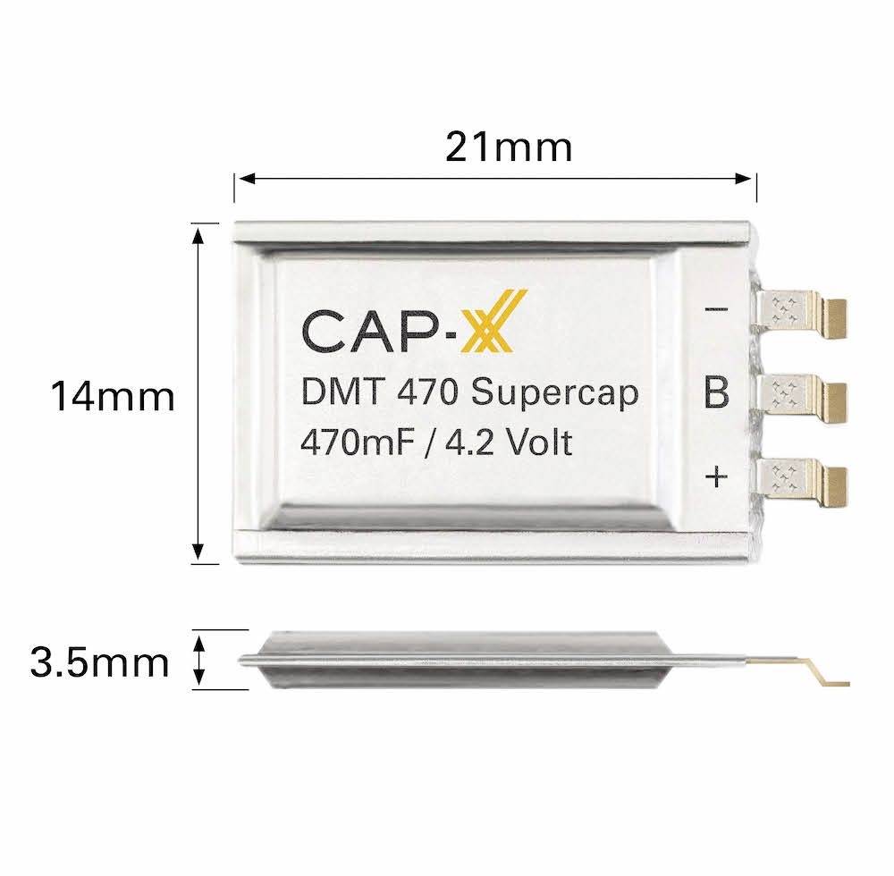 Ein rechteckiger Superkondensator mit den Abmessungen 21 mm x 14 mm x 3,5 mm, beschriftet mit 'CAP-XX DMT 470 Supercap 470 mF / 4,2 Volt' mit Anschlüssen.
