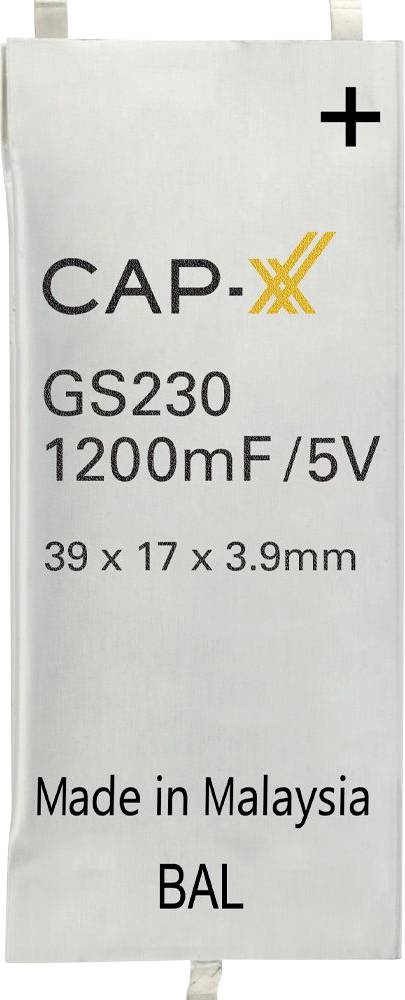 CAP-XX GS230 1200mF/5V, 39 x 17 x 3,9 mm. Hergestellt in Malaysia.' Superkondensator mit positiven und negativen Anschlüssen dargestellt.