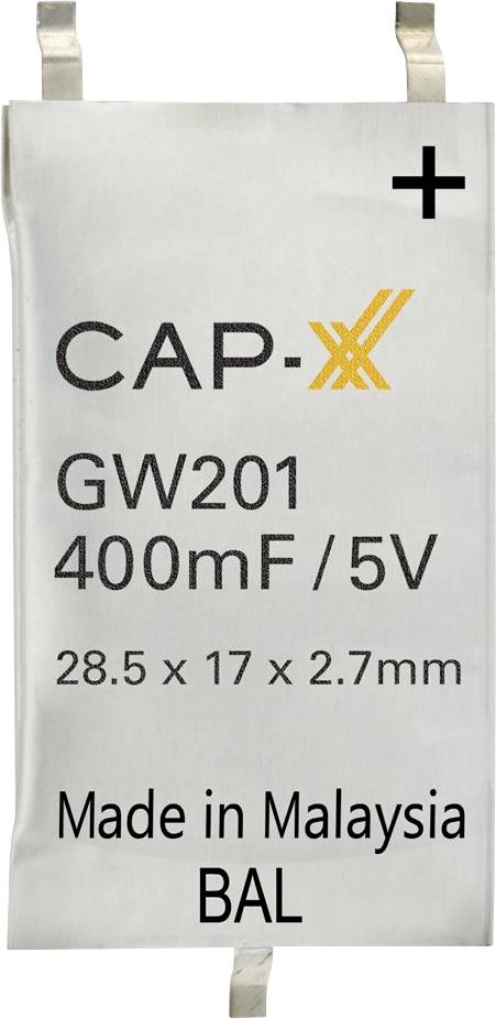 Kleiner silberner Kondensator beschriftet mit 'CAP-XX GW201 400mF/5V 28,5 x 17 x 2,7mm Made in Malaysia BAL' mit positiven und negativen Anschlüssen.