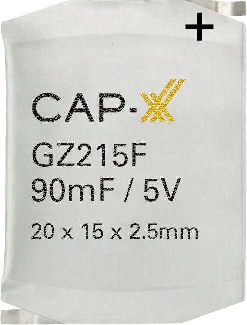 Kondensator mit Beschriftung 'CAP-X GZ215F 90mF / 5V', Abmessungen 20 x 15 x 2,5 mm, mit Pluszeichen zur Kennzeichnung der korrekten Polarität.