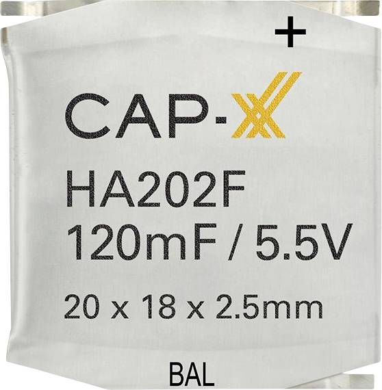 Ein Kondensator mit der Bezeichnung 'CAP-XX HA202F 120mF / 5,5V' mit den Abmessungen '20 x 18 x 2,5 mm' und unten mit 'BAL' gekennzeichnet.