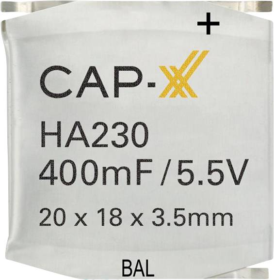 CAP-X HA230 Kondensator Etikett mit Spezifikationen: 400mF/5,5V, Abmessungen 20 x 18 x 3,5mm.