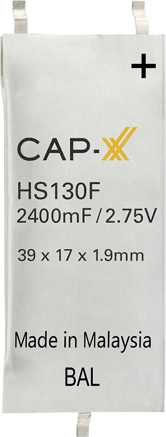 Ein rechteckiger CAP-XX-Superkondensator-Modell HS130F mit einer Nennleistung von 2400mF, 2,75V, Abmessungen 39 x 17 x 1,9mm, hergestellt in Malaysia.