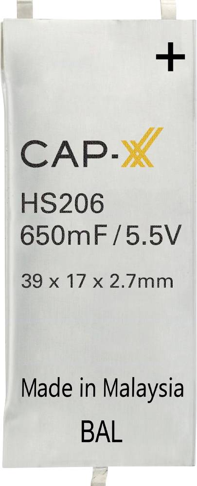 Eine silberne kapazitive Komponente mit der Beschriftung 'CAP-XX HS206 650mF / 5,5V 39 x 17 x 2,7mm; Made in Malaysia BAL' mit einem Pluszeichen oben.