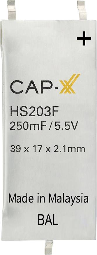 CAP-XX HS203F 250mF/5,5V. Abmessungen: 39 x 17 x 2,1mm. „Made in Malaysia