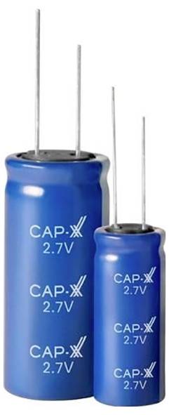 Zwei blaue Kondensatoren unterschiedlicher Größen, mit der Beschriftung 'CAP X 2.7V', aufrecht stehend, jeweils mit zwei Metallanschlüssen.