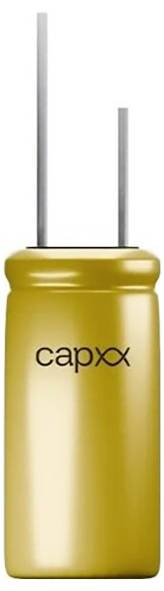 Ein goldener zylindrischer Kondensator mit zwei Metallanschlüssen.