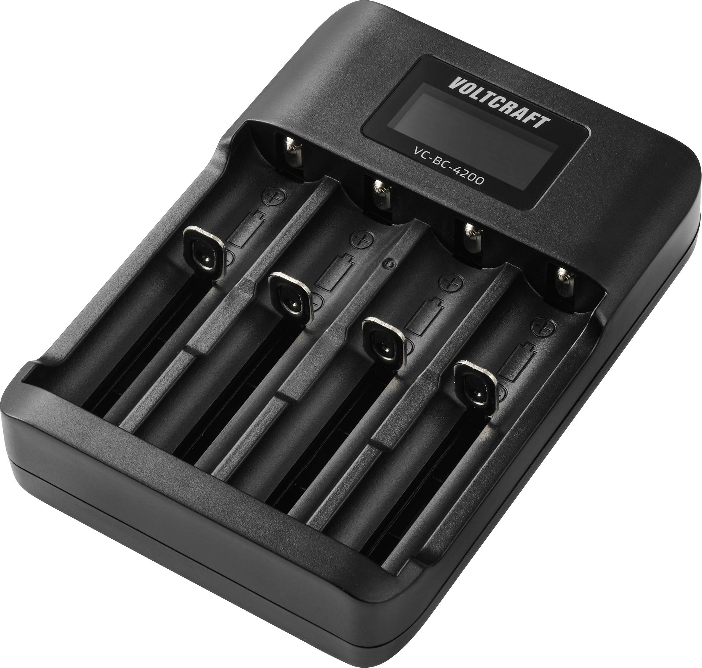 Ein schwarzes Voltcraft-Ladegerät mit fünf Steckplätzen für AA- oder AAA-Batterien, mit einem LCD-Display auf der Oberseite, das Ladeinformationen anzeigt.