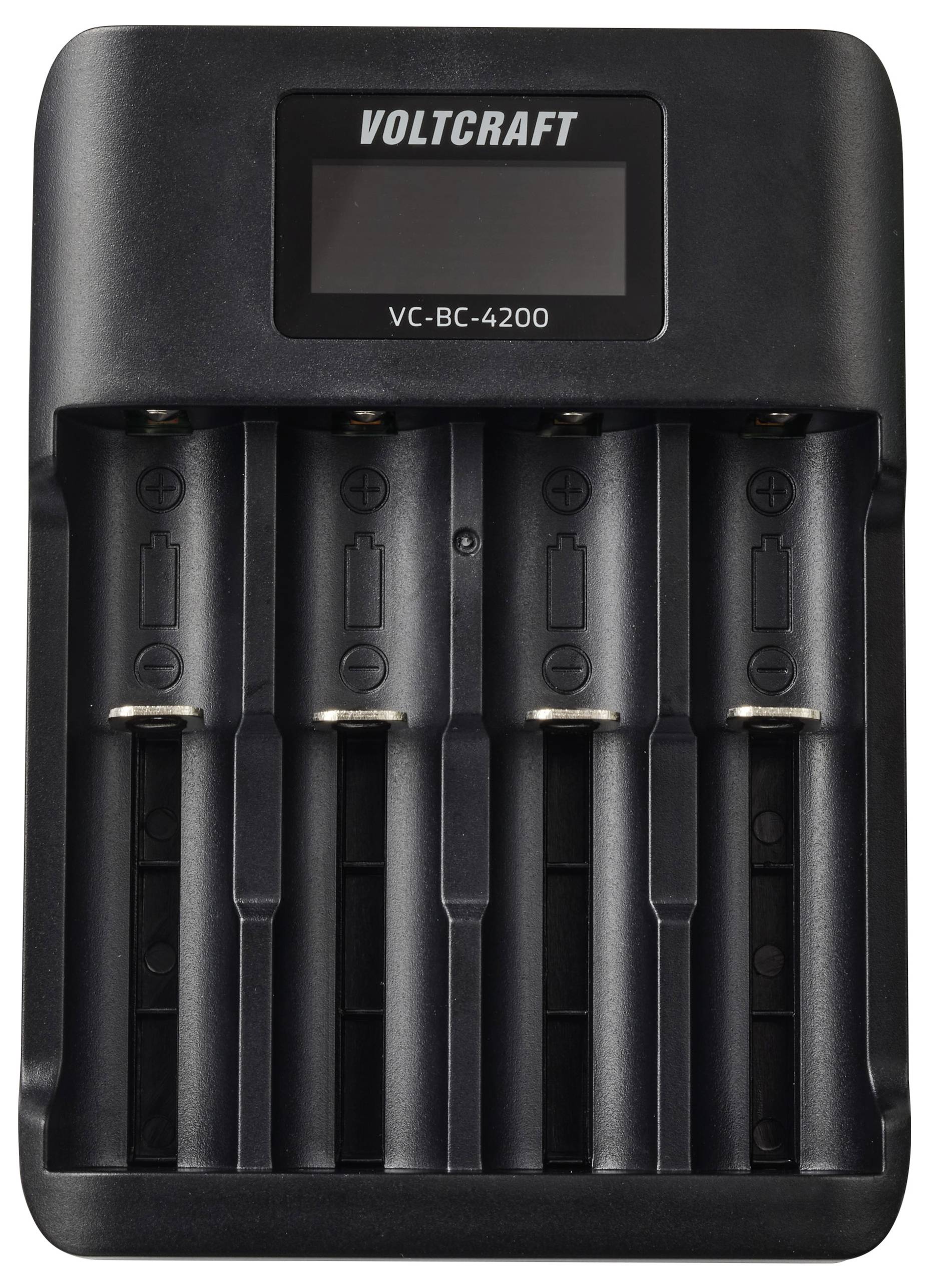 Batterieladegerät 'VOLTCRAFT VC-BC-4200' mit vier Ladeschächten und digitalem Display zur Statusüberwachung.