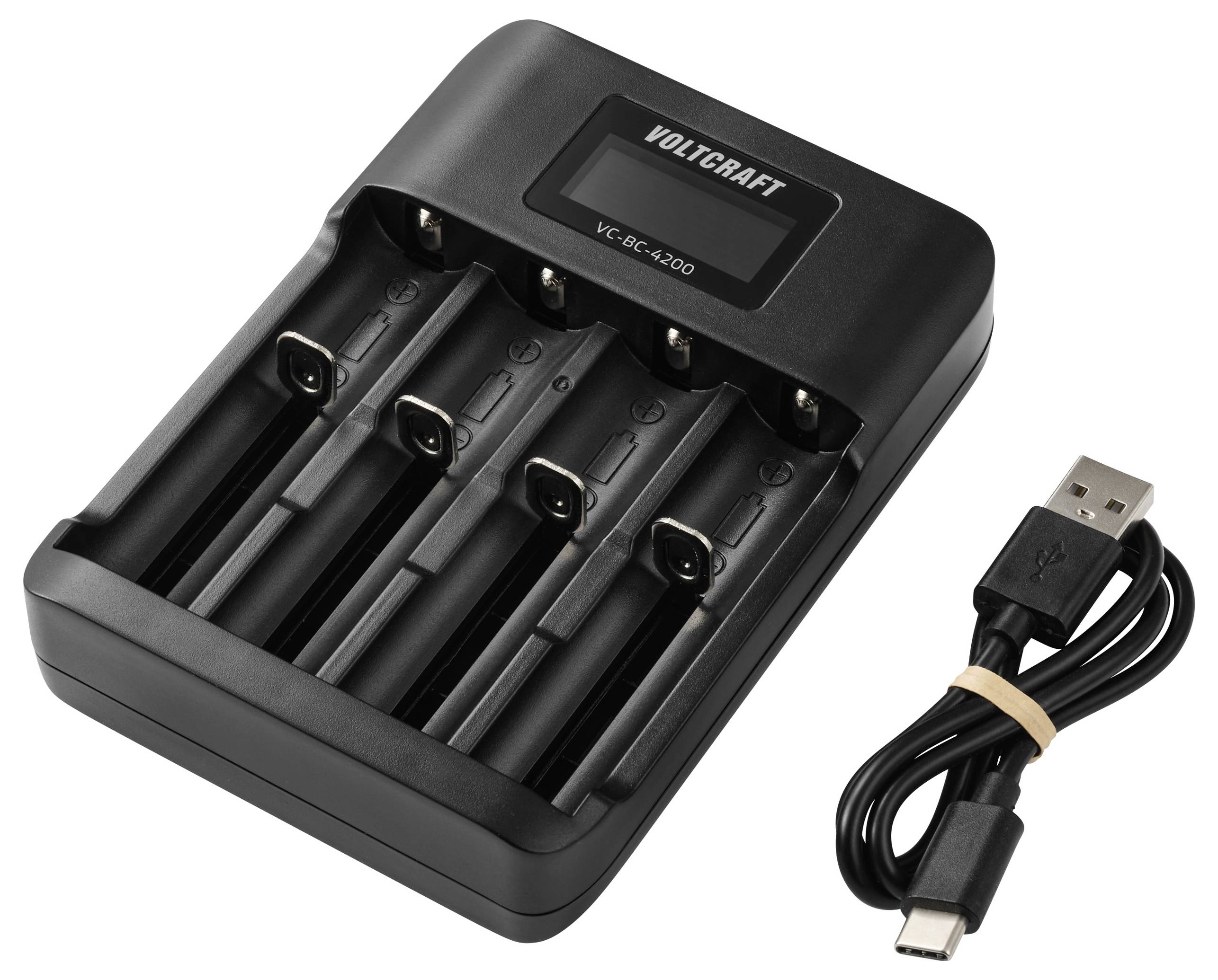 Batterieladegerät mit LED-Display und vier Steckplätzen, beschriftet mit „Voltcraft VC-BC-4200
