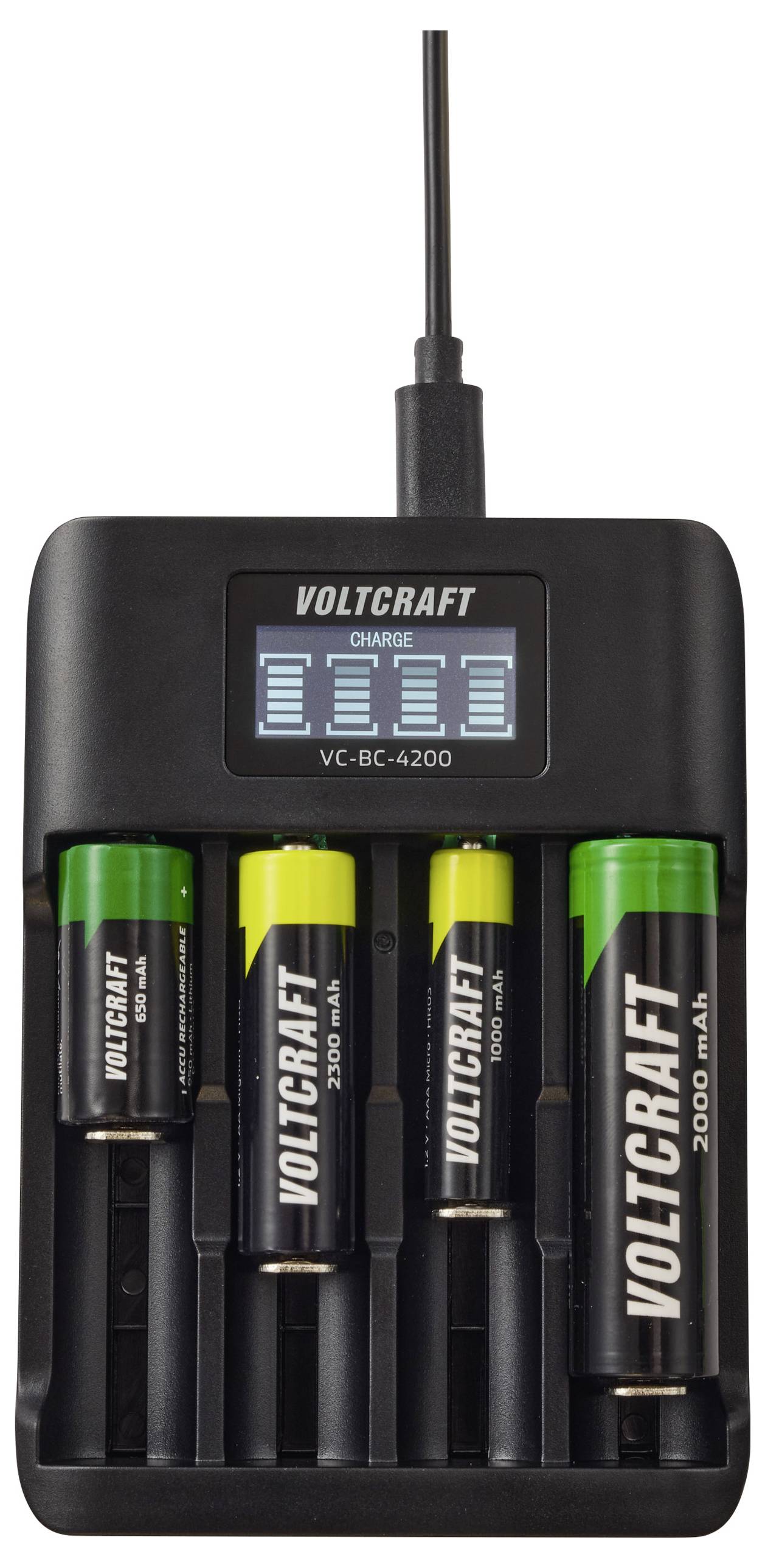 Ein schwarzes Batterieladegerät mit der Bezeichnung 