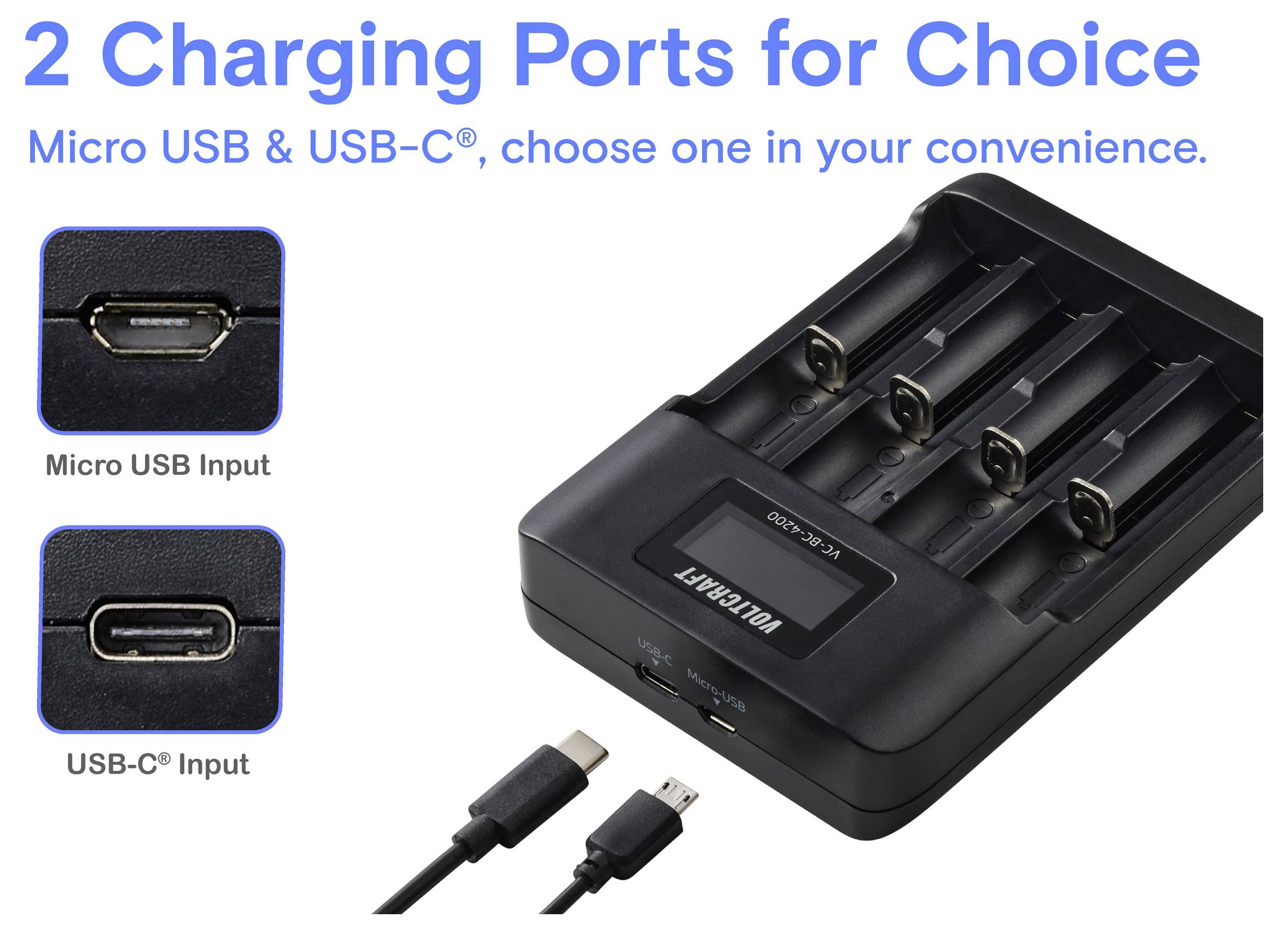 Akkuladegerät mit 4 Steckplätzen. Text: '2 Ladeanschlüsse zur Auswahl.' Zeigt Micro-USB- und USB-C®-Eingänge. Kabel für beide Typen sind abgebildet.
