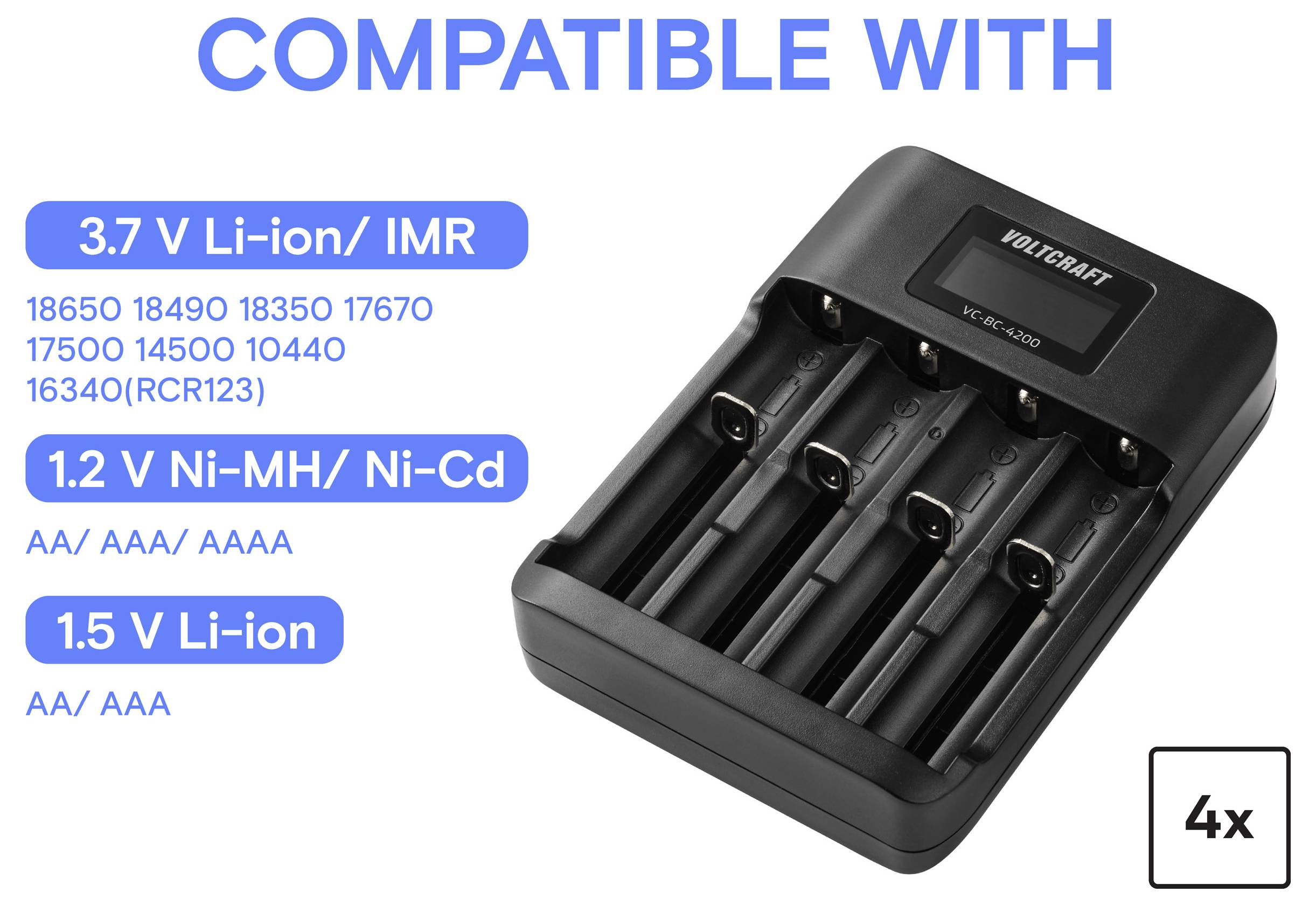 Batterieladegerät, kompatibel mit 3,7 V Li-Ionen/IMR, 1,2 V Ni-MH/Ni-Cd und 1,5 V Li-Ionen-Batterien. Kann vier Batterien laden.