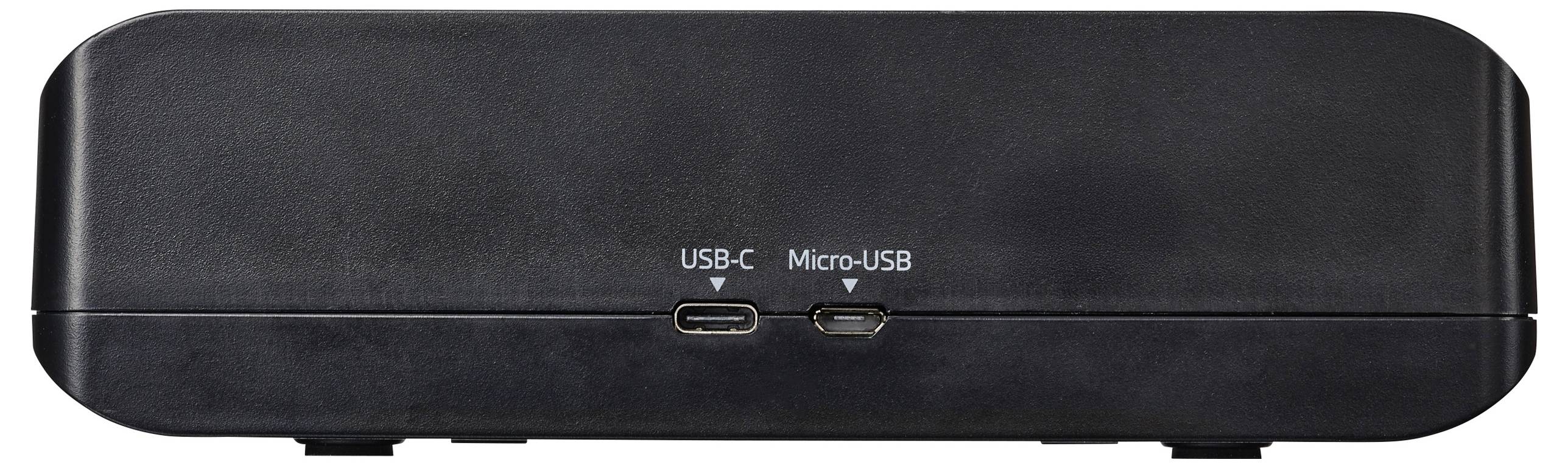 Ein schwarzes Gerät mit nach vorne ausgerichteten Anschlüssen, die mit „USB-C