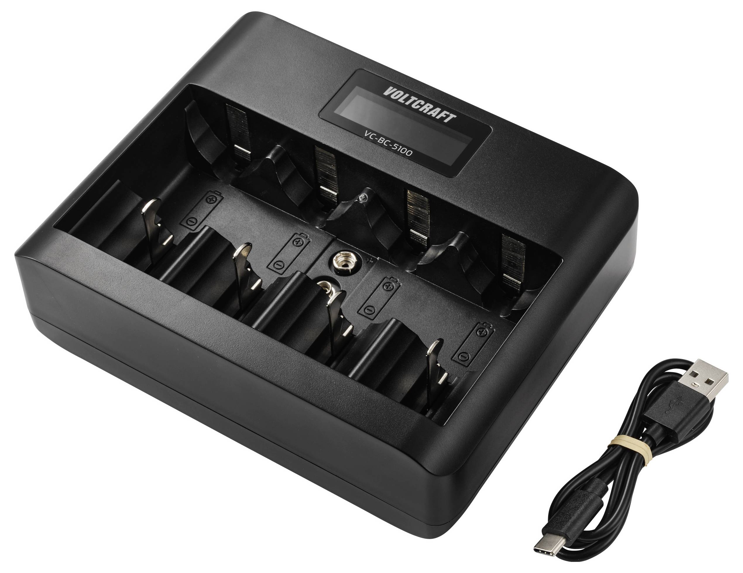 Voltcraft VC 8000 Batterieladegerät mit sechs Ladeplätzen. Enthält ein USB-Kabel zum Laden, konstruiert für wiederaufladbare Batterien.
