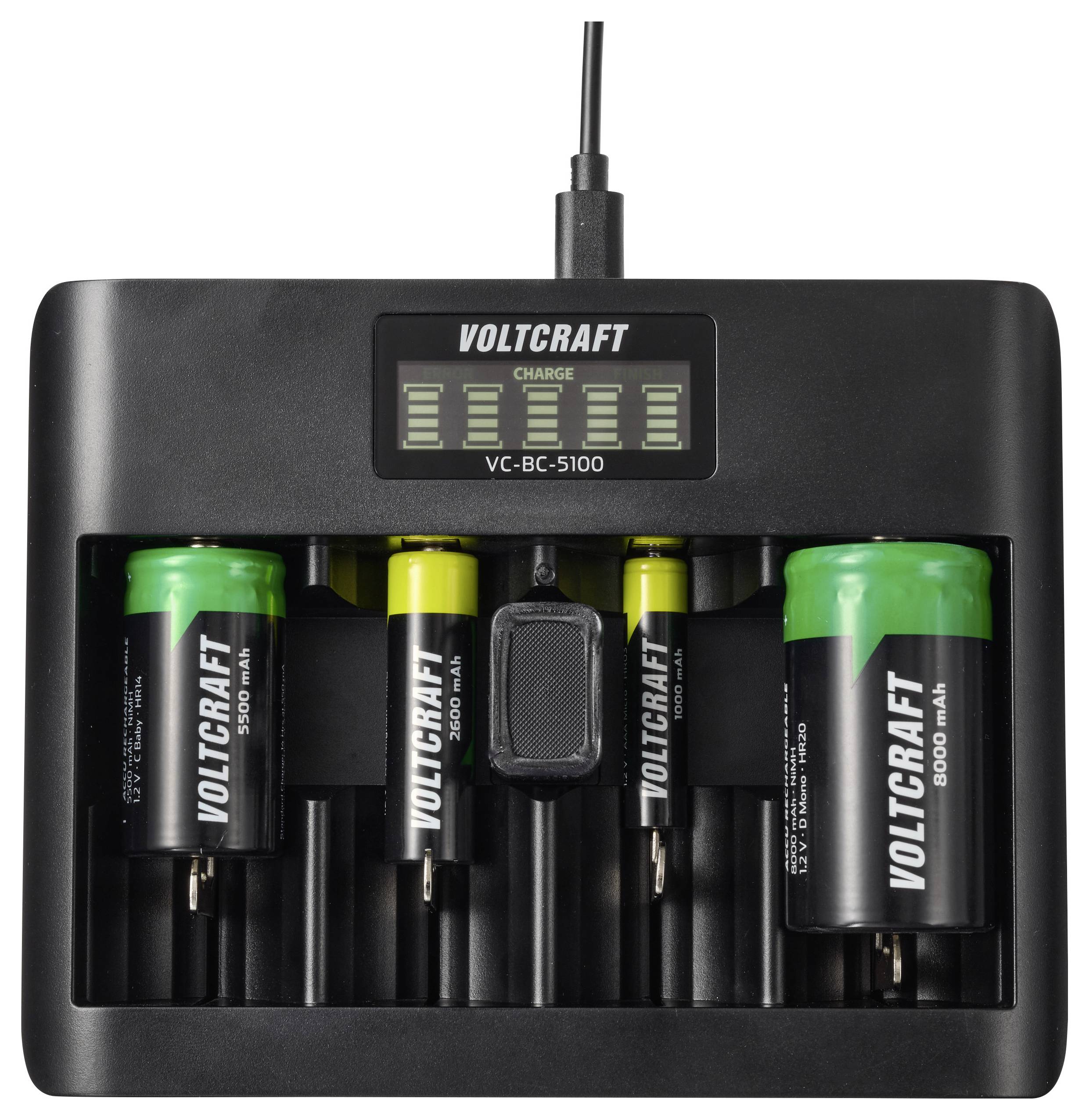 Voltcraft-Ladegerät mit vier eingelegten wiederaufladbaren Batterien, Anzeigelichter zeigen den Ladestatus für jede Batterie an.