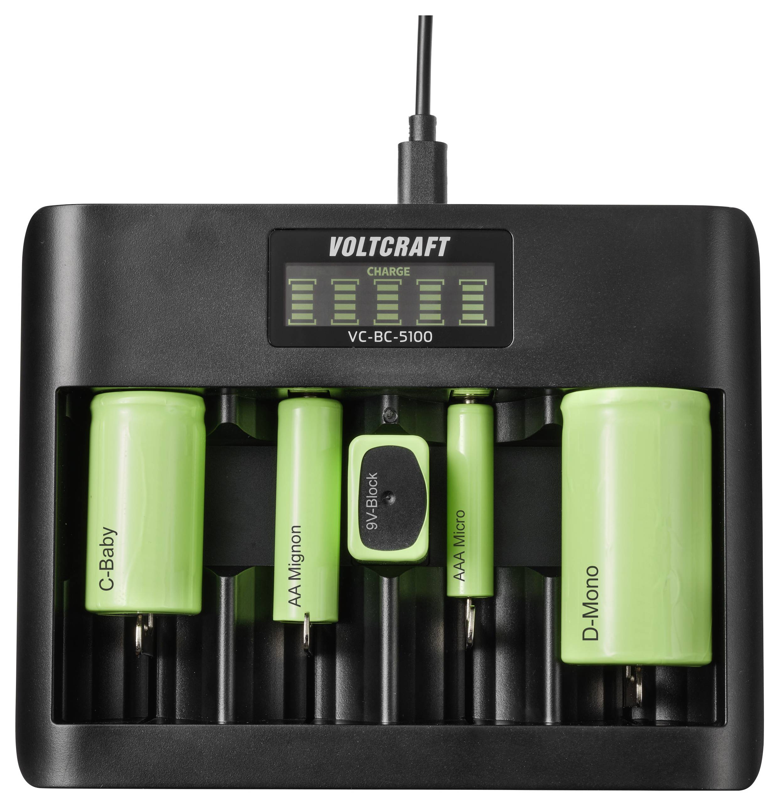 Voltcraft VC-BC-5100 Ladegerät mit vier grünen Batterien in verschiedenen Größen: C-Baby, AA Mignon, AAA Micro und D-Mono.
