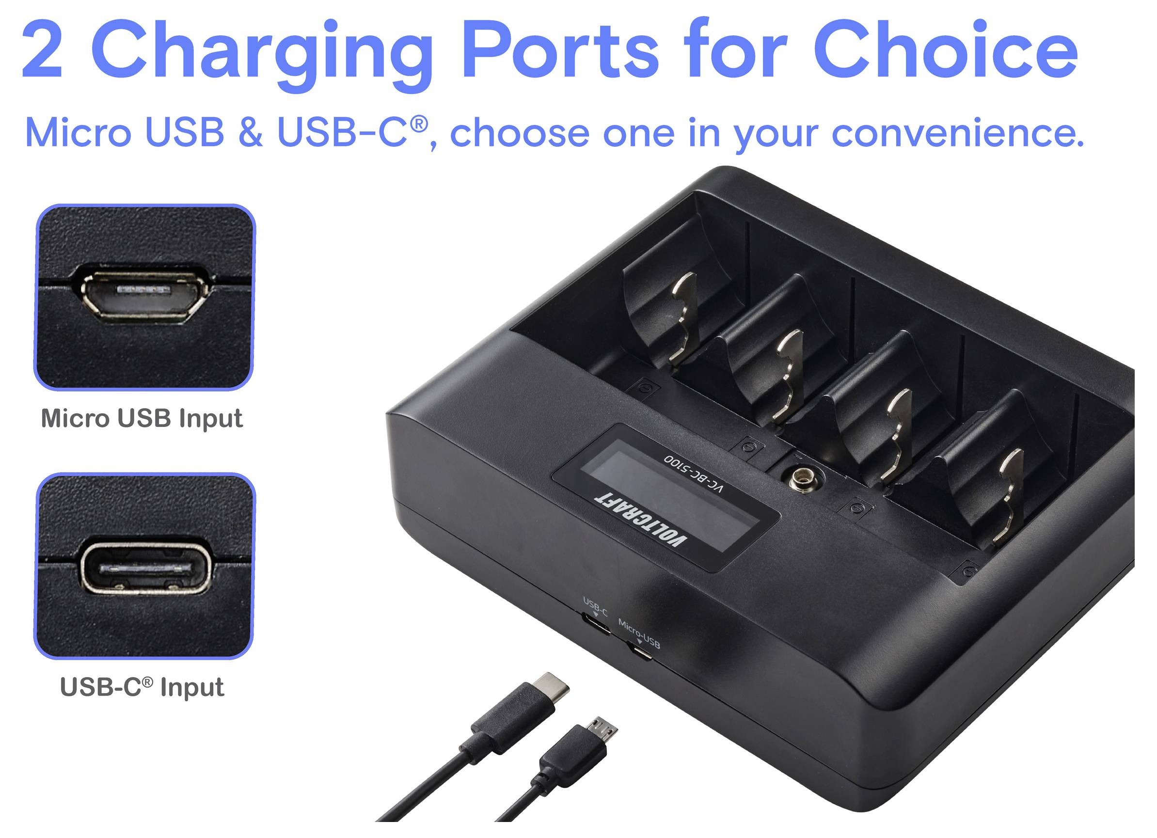 Batterieladegerät mit vier Steckplätzen für AA/AAA-NiMH-Batterien. Funktionen mit Micro-USB- und USB-C-Eingängen zum Laden, gezeigt mit Anschlüssen und Kabeln.