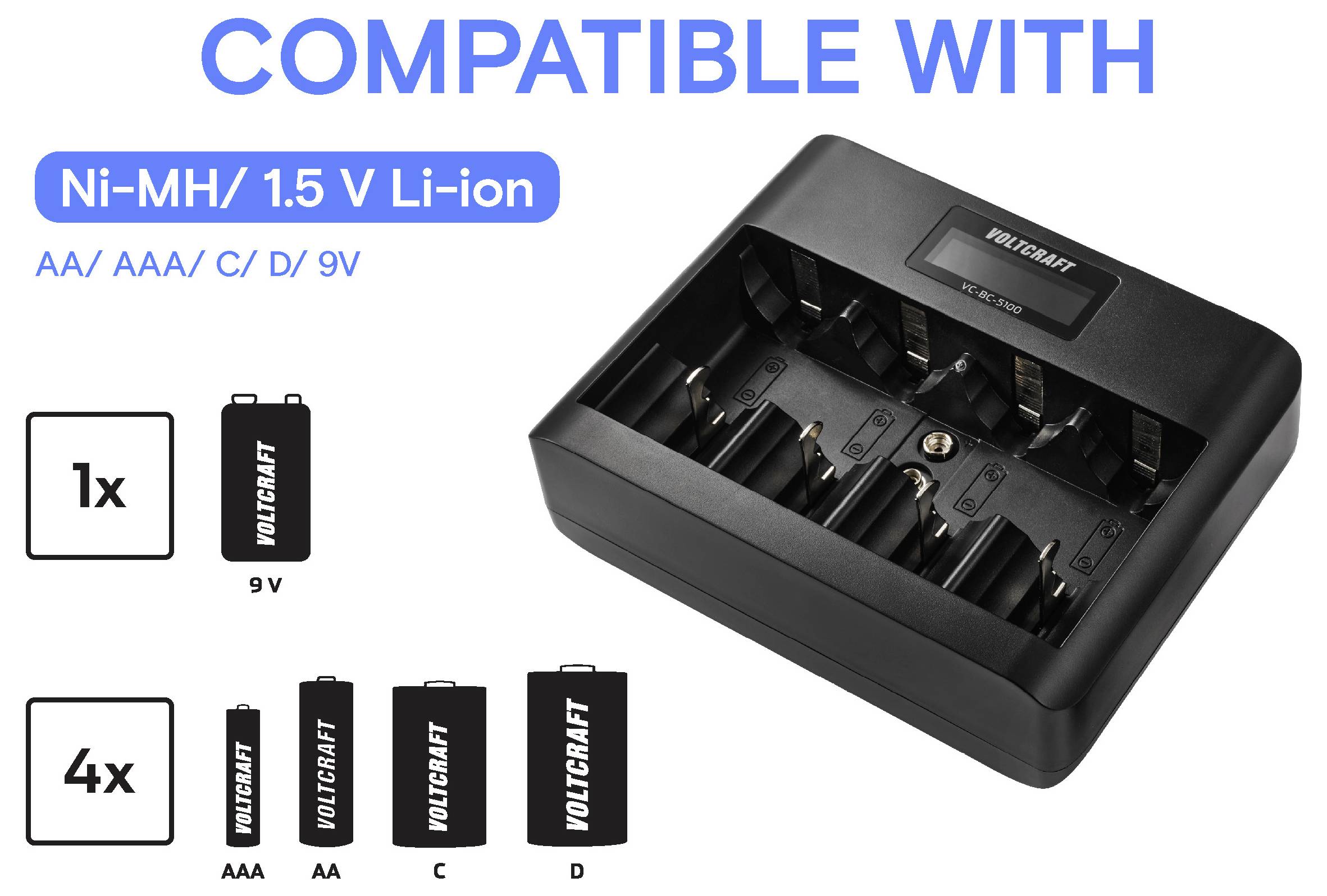 Batterieladegerät für Ni-MH/1,5V Li-Ion-Batterien. Kompatibel mit AA, AAA, C, D, 9V; kann vier AA oder ein 9V-Gerät gleichzeitig laden.