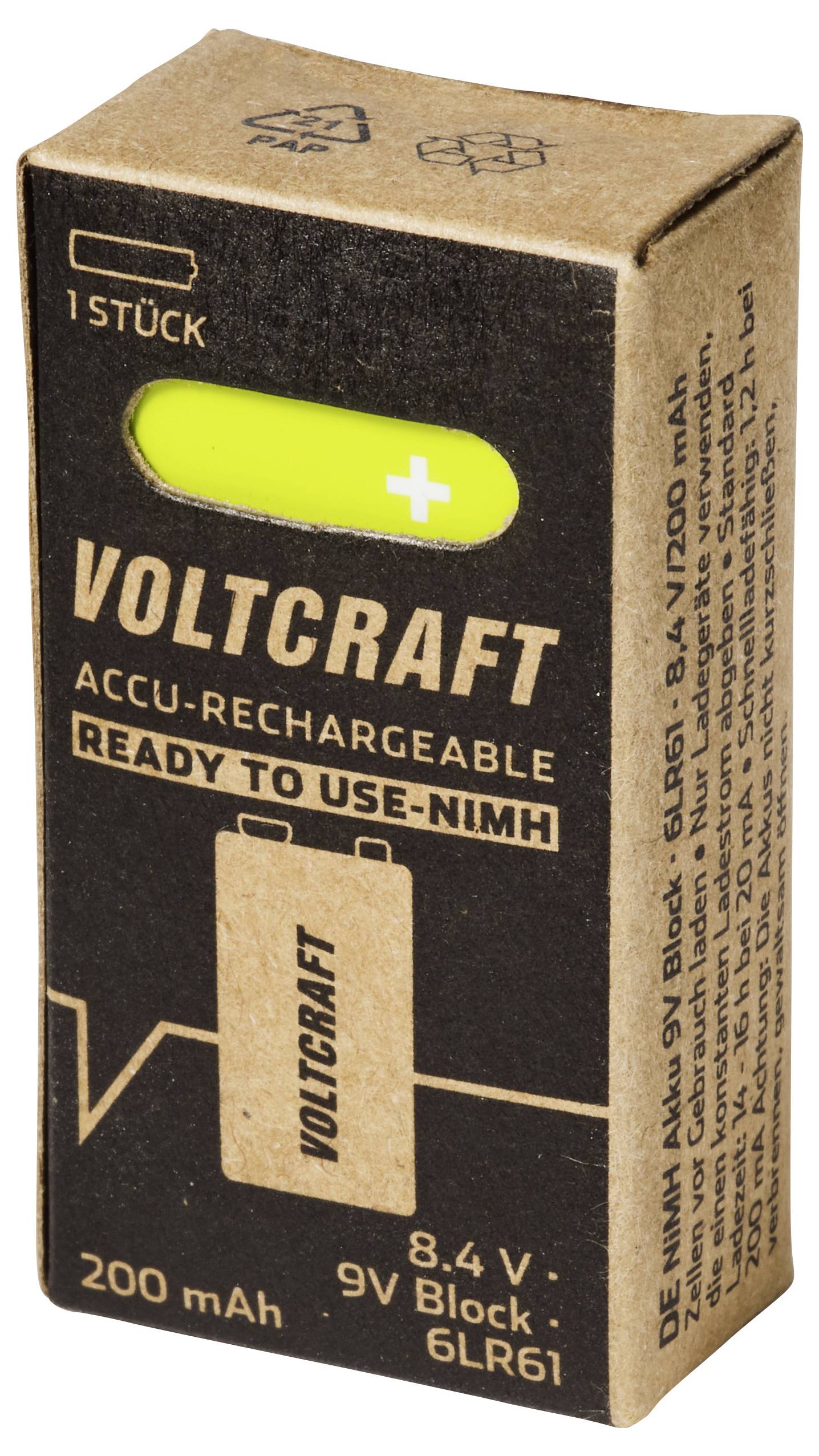 Produktkasten für einen aufladbaren Voltcraft 9V NiMH-Akku mit der Bezeichnung 8,4 V, 200 mAh und „einsatzbereit