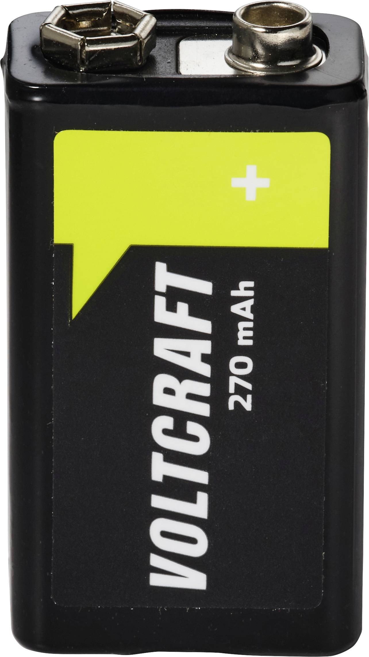 Eine schwarze 9-Volt-Voltcraft-Batterie mit Metallsteckanschlüssen und einem gelben Etikett, das ein Pluszeichen und „270 mAh