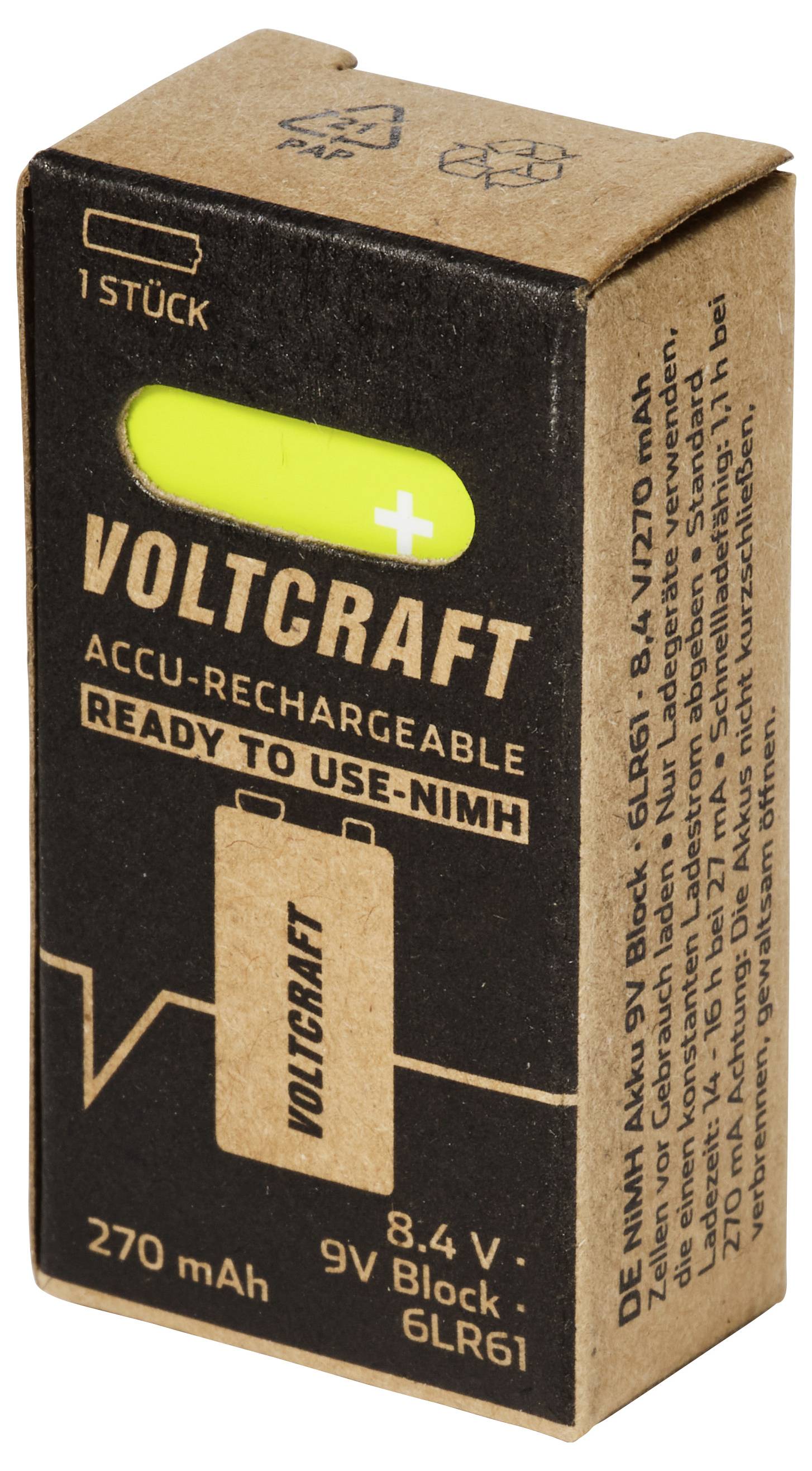 Voltcraft wiederaufladbare 9V-Batterie, schwarze und braune Verpackung mit der Aufschrift „READY TO USE - NiMH