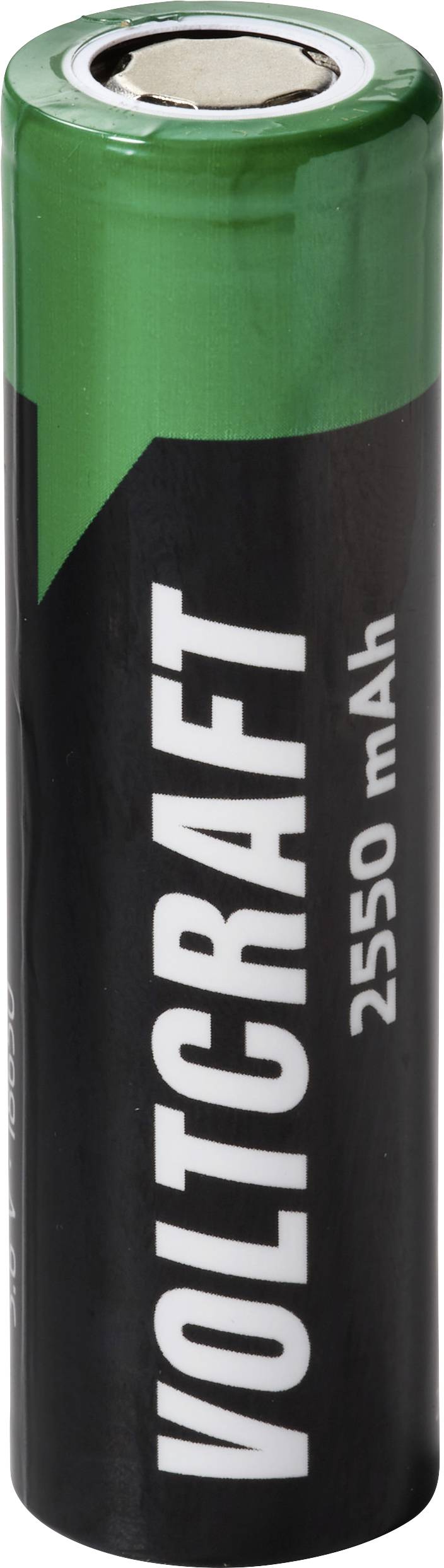 Grüne Voltraft 2550 mAh wiederaufladbare Batterie aufrecht stehend mit schwarzem Etikett.